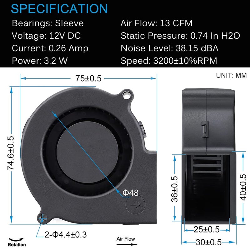 GDSTIME 75mm x 30mm 7530 DC 12 Volt Brushless Turbo Blower Cooling Fan 2Pin - Image 2